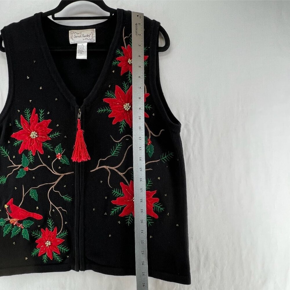 Sarah Bentley VTG Christmas Sweater Vest Sz L Poinsettia Beaded Tassel Black Red - Picture 8 of 10